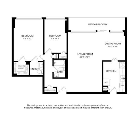 Floor plan for 2 beds, 1.5 baths, 975 sqft